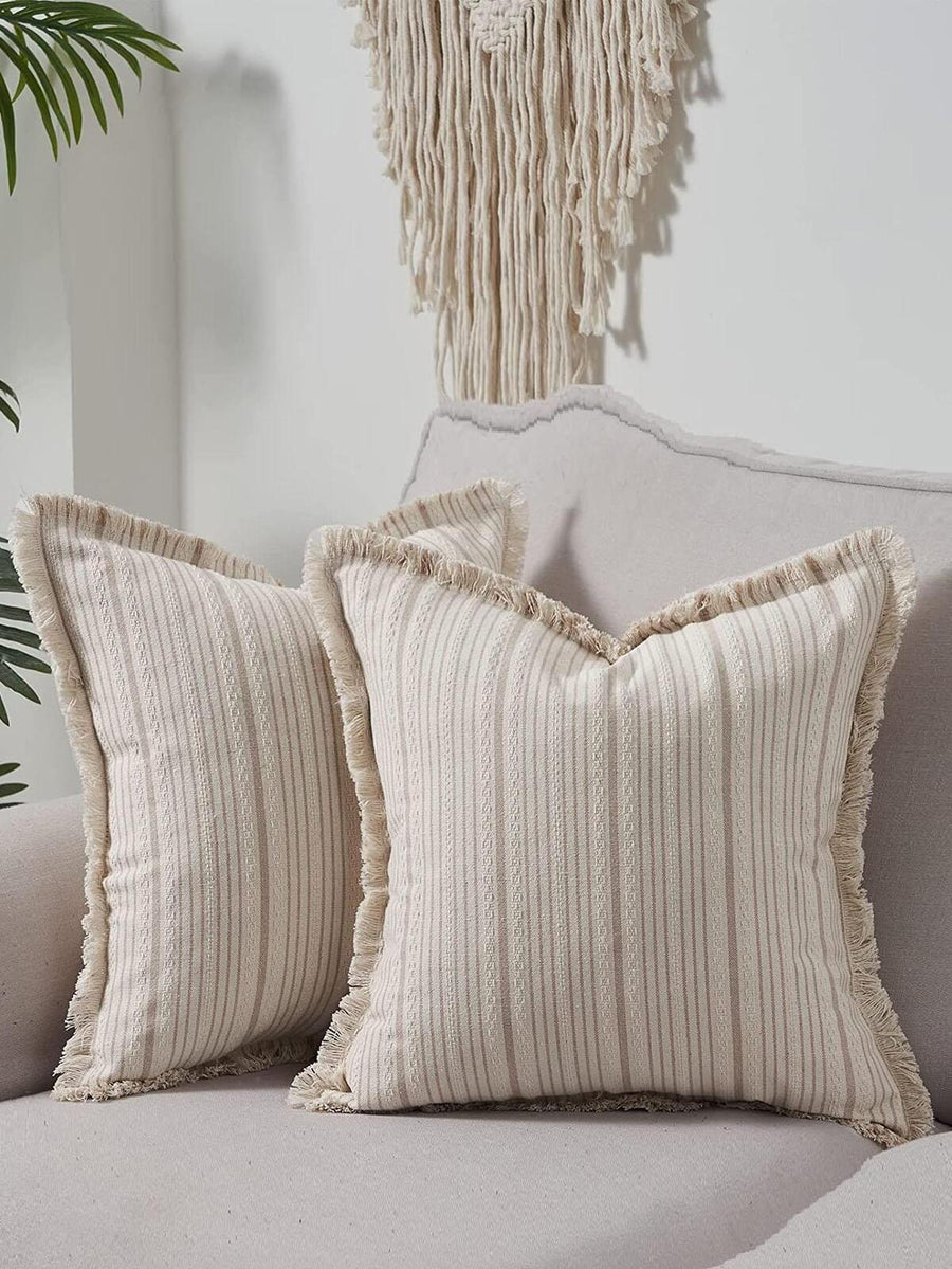 1pc Striped Pattern Tassel Decor Cushion Cover Without Filler, Boho Tassel Trim Design Decorative Cushion Cover For Bed, Sofa