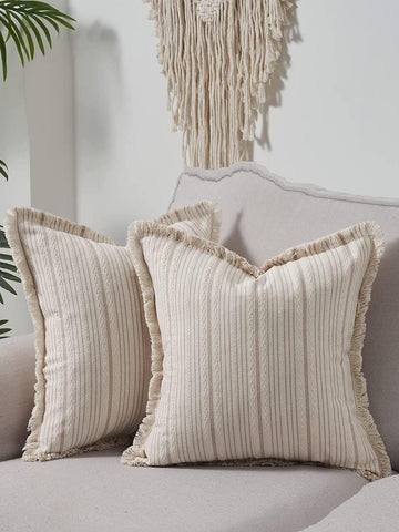 1pc Striped Pattern Tassel Decor Cushion Cover Without Filler, Boho Tassel Trim Design Decorative Cushion Cover For Bed, Sofa