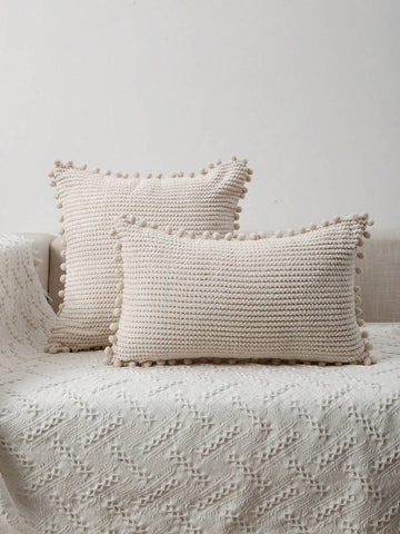 Miater 1pc Pom Pom Decor Cushion Cover Without Filler,Simple Plain Decorative Throw Pillow Case For Home