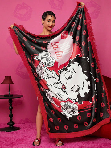Betty Boop x SHEIN Cartoon Characters And Lips Printed Raw Trim Bed Blanket,Gift Ideas,Party,Holiday,Valentine's Day,Spring / Winter
