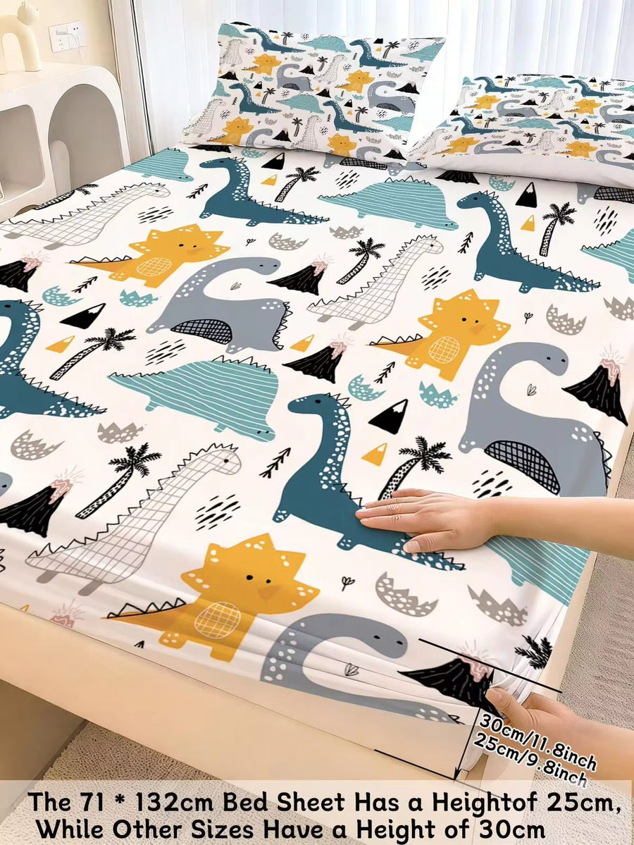 2/3pcs Cartoon Dinosaur Bedding Set, Soft Fitted Sheet Anti-Slip Mattress Protector (Suitable For Twin/Full/Queen/King Size), Suitable For Children, Teens, Adults, Boys And Girls Bedroom